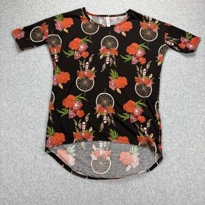 LuLaRoe Tunic Top Womens XS Black Dreamcatcher Floral Boho High Low Short Sleeve